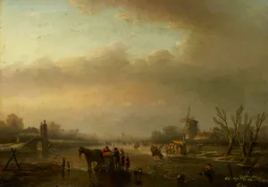 Skaters on a Frozen Canal by Jan Jacob Spohler - Oil Painting Reproduction