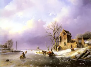 Winter Landscape with Figures on a Frozen River by Jan Jacob Spohler Oil Painting