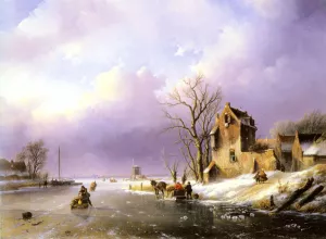 Winter Landscape with Figures on a Frozen River Oil painting by Jan Jacob Spohler
