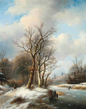 Figures on a frozen waterway, a castle beyond by Jan Jacob Spohler Oil Painting