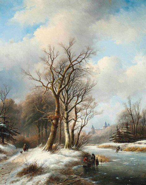 Main Product Photo of Figures on a frozen waterway, a castle beyond Painting by Jan Jacob Spohler