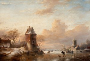Winter Landscape with Windmills and Skaters by Jan Jacob Spohler Oil Painting