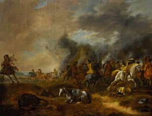 A cavalry skirmish by Jan Jacobsz Van Der Stoffe Oil Painting