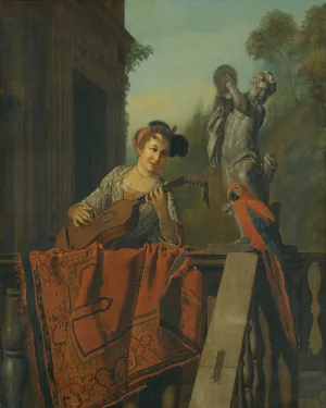 An Elegant Figure Playing A Guitar At a Balustrade With a Macaw by Jan Josef Horemans The Elder Oil Painting