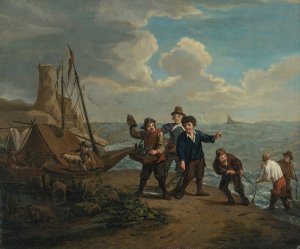 A peddler hawking spirits to fishermen along a windy shoreline by Jan Josef Horemans The Younger Oil Painting