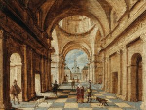 A classical interior with elegant figures by Jan Juriaensz Van Baden Oil Painting