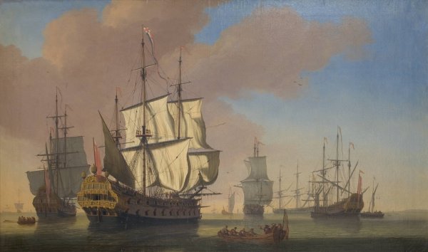 Main Product Photo of English Warships in a Roadstead in Calm Weather  Painting by Jan Karel Donatus Van Beecq