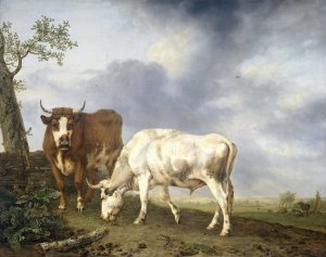 Oxen in the Meadow by Jan Kobell II Oil Painting