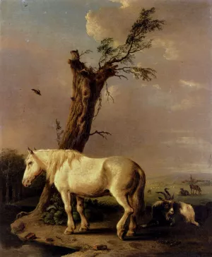 A Pony, Goat And Resting Cattle In A Landscape by Jan Kobell - Oil Painting Reproduction