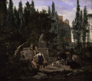 An Italian Landscape with Figures and Cattle by Jan Lapp Oil Painting