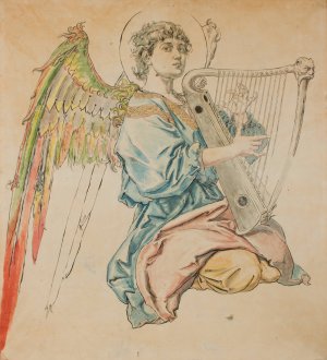 Figure of an Angel Playing the Lute by Jan Matejko Oil Painting