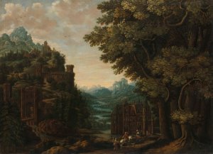 Mountainous Landscape with River Valley and Castle by Jan Meerhout Oil Painting