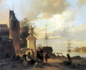 Figures at a Market Stall by a Harbour by Jan Michael Ruyten - Oil Painting Reproduction