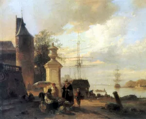Figures at a Market Stall by a Harbour Oil painting by Jan Michael Ruyten