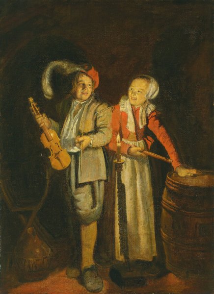 A boy and a girl playing music by candlelight by Jan Miense Molenaer - Hand-Painted Oil Painting Reproduction