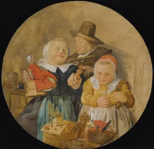 An Interior With A Man Holding A Flute, And Two Children Playing With Their Toys by Jan Miense Molenaer Oil Painting
