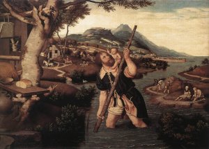 Hilly River Landscape with St Christopher by Jan Mostaert Oil Painting
