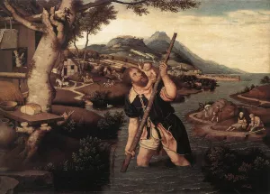 Hilly River Landscape with St Christopher by Jan Mostaert Oil Painting