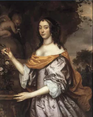 Portrait of a Lady, Standing Three-Quarter Length, Wearing a Lavender Silk Dress with White Sleeves and a Yellow Shawl Oil painting by Jan Mytens