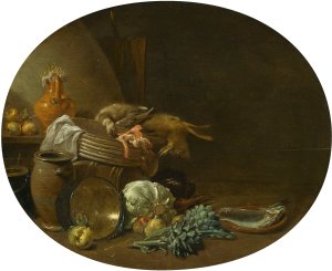A Kitchen Still Life Of A Hare, A Mallard, Artichokes, Cabbage, Pears, A Fish On An Earthenware Platter, And Pots And Pans by Jan Olis Oil Painting