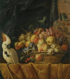 A Still Life Of Figs, Grapes, Apples And Other Fruit On A Table With A Parrot by Jan Pauwel Gillemans The Younger Oil Painting