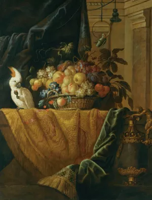 A Still Life With A Basket Of Fruit And A Parakeet Upon A Ledge Draped With A Damask Beside An Ormolu Mounted Porphyry Vase by Jan Pauwel Gillemans The Younger Oil Painting