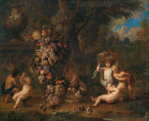 Landscape with six putti playing with a garland of fruit and two guinea pigs in the foreground by Jan Pauwel Gillemans The Younger Oil Painting
