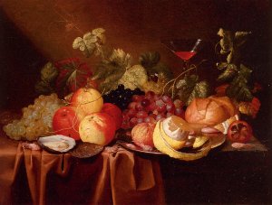 Still Life of Peaches, Grapes, a Peeled Lemon, an Oyster, a Bread Roll and a Glass of Wine, all on a Draped Table