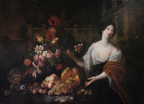 Main Product Photo of Still life of flower in a park with a woman Painting by Jan Peter Van Bredael The Elder