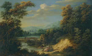 An Extensive Wooded River Landscape With Figures Resting In The Foreground, Travellers Approaching A Walled City Beyond Oil painting by Jan Philip Spalthof