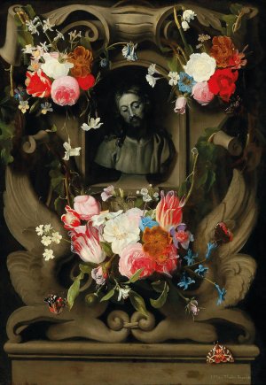 A garland of flowers surrounding a cartouche with a bust of Christ by Jan Philips Van Thielen Oil Painting