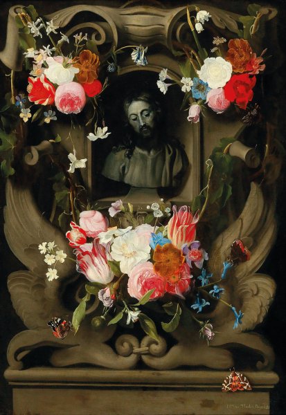 Main Product Photo of A garland of flowers surrounding a cartouche with a bust of Christ Painting by Jan Philips Van Thielen