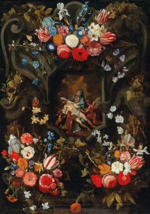 A garland of flowers surrounding a cartouche with a Pieta by Jan Philips Van Thielen Oil Painting