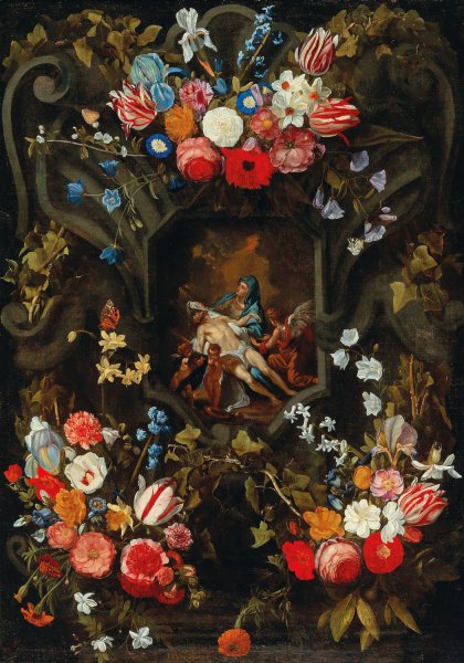Main Product Photo of A garland of flowers surrounding a cartouche with a Pieta Painting by Jan Philips Van Thielen