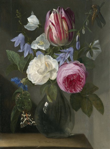 Main Product Photo of Roses and a Tulip in a Glass Vase  Painting by Jan Philips Van Thielen
