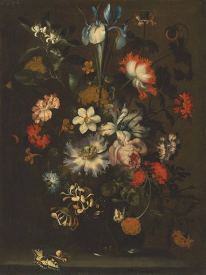 An iris, carnations, roses and other flowers in a glass vase on a ledge with butterflies by Jan Pieter Brueghel Oil Painting