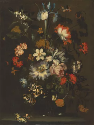 An iris, carnations, roses and other flowers in a glass vase on a ledge with butterflies Oil painting by Jan Pieter Brueghel