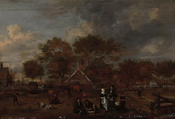 Farmstead with the Gentleman Farmer and his Wife and the Painter in the foreground  by Jan Pietersz Opperdoes - Hand-Painted Oil Painting Reproduction