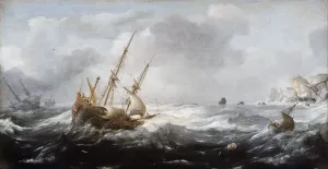 Ships in a Storm on a Rocky Coast by Jan Porcellis Oil Painting