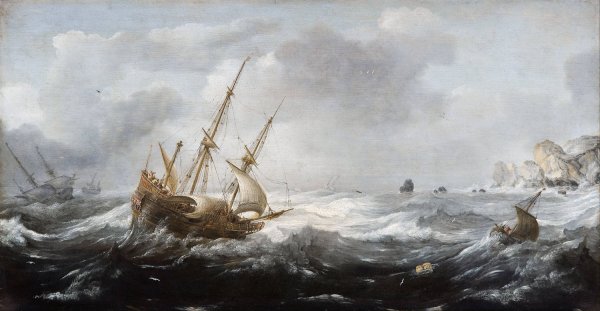 Ships in a Storm on a Rocky Coast  by Jan Porcellis - Hand-Painted Oil Painting Reproduction