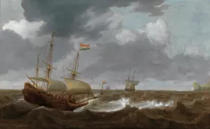 Ships on a turbulent sea by Jan Porcellis Oil Painting