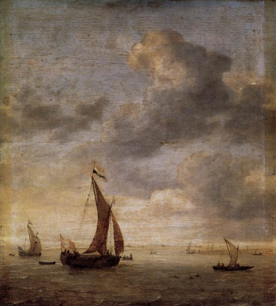 Single-Masted Damlooper and Rowboat on a Breezy Day by Jan Porcellis - Hand-Painted Oil Painting Reproduction