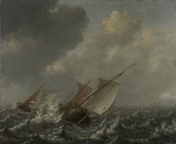 Vessels on a Choppy Sea  by Jan Porcellis - Hand-Painted Oil Painting Reproduction
