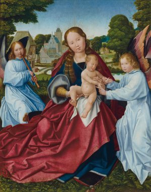 The Virgin and Child with angels in a landscape, a village beyond by Jan Provost Oil Painting