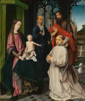 Virgin and Child Enthroned, with Saints Jerome and John the Baptist and a Carthusian Monk Oil painting by Jan Provost