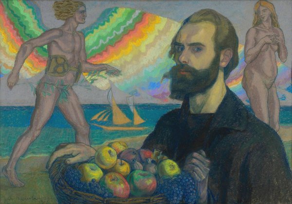 Autoportret z koszem owocow na tle morza  by Jan Rembowski - Hand-Painted Oil Painting Reproduction