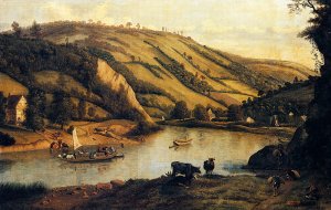 An Extensive River Landscape, Probably Derbyshire, with Drovers and Their Cattle In The Foreground