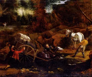Figures With A Cart And Horses Fording A Stream by Jan Siberechts Oil Painting