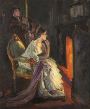 A Girl by the Fireside by Jan Skramlik Oil Painting