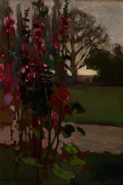 Hollyhocks - Polish Autumn  by Jan Stanislawski - Hand-Painted Oil Painting Reproduction